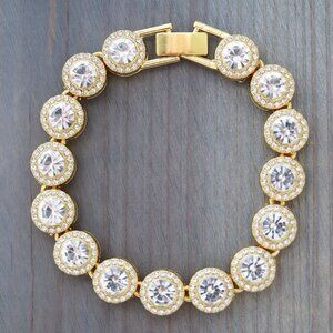 12mm 8inches Gold Round Halo Diamond Chain Clear Rhinestones 18k Gold Plated